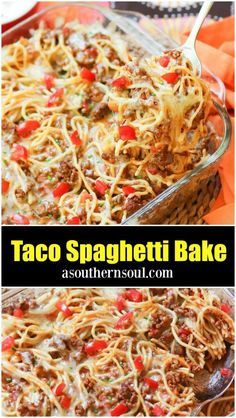 taco spaghetti bake in a glass casserole dish