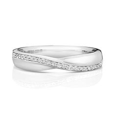 a white gold wedding ring with diamonds on the sides and a curved design in the middle