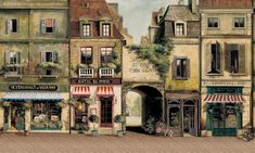 a painting of an old european town with shops