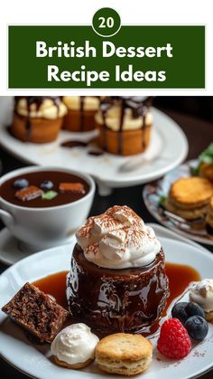 A selection of classic British desserts, including sticky toffee pudding and scones with clotted cream, presented on a table. British Baked Goods, British Desserts Traditional, British Recipes Traditional, Great British Bake Off Recipes, British Dessert Recipes, British Baking Show Recipes, British Pudding, British Bake Off Recipes