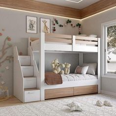 a white bunk bed sitting next to a stair case in a child's room