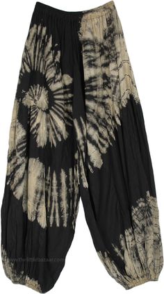 Just like the moon shines bright on a dark night, this tie-dye swirl pattern stands out from the usual.  With their super comfortable rayon fabric, elastic waist, and ankles, these Harem style pants are easy pull-ups and a perfect travel companion. #tlb #SplitSkirtsPants #vacationclothing #beachwrap #TieDye #bohemianfashion #hippieharempants Ebony And Ivory, Looks Hippie, Estilo Hippy, Harem Trousers, Earthy Outfits, Estilo Hippie, Hippie Pants, Hippie Look, Hippie Style Clothing