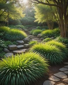 a stone path surrounded by lush green plants