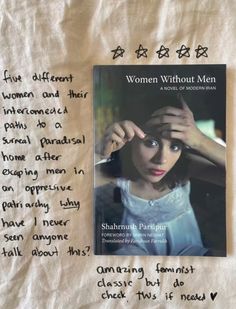 a book with writing on it next to an image of a woman's face