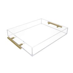 a clear tray with two gold handles on the bottom, and one in the middle