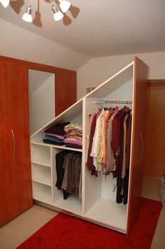 an open closet with clothes on hangers and red rugs in front of it