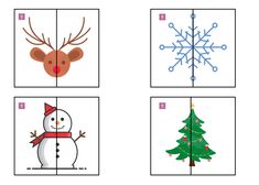 four squares with different pictures of christmas trees, snowmen and reindeers on them