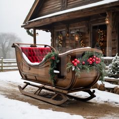 a wooden sleigh with christmas decorations and lights on the outside in front of a log cabin