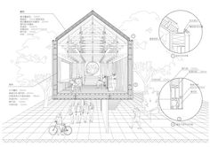 an architectural drawing shows the interior and exterior of a small cabin, with various details on it