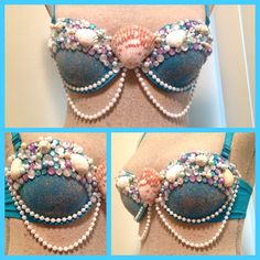 three pictures of the same bra with pearls and seashells on it's side