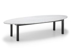 an oval table with black legs and a white marble top, viewed from the front