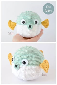 crocheted stuffed toy with eyes and wings on it's head, sitting in front of a white background