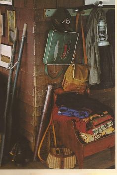 a room with many items hanging on the wall