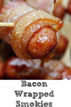 bacon wrapped smothered in sugar on a skewer with text overlay