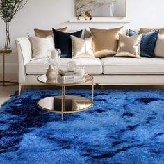 a living room filled with furniture and a blue rug on top of a carpeted floor