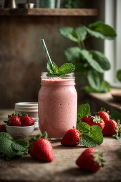 a jar filled with pink smoothie next to strawberries and mint leaves on a table