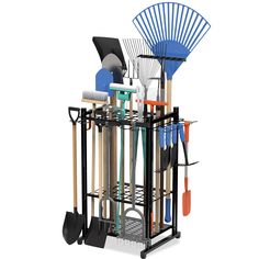 a rack with gardening utensils and shovels in it on a white background