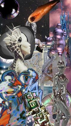 a collage of images with an alien and other things in the background