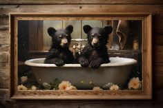 two black bears sitting in a bathtub with flowers on the floor and behind them is a wooden frame