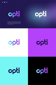 the logo for an electronic company is shown in four different colors and font styles, including purple