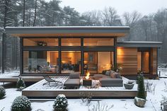 a modern cabin in the snow with patio and firepit on it's side