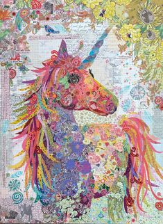 a colorful unicorn with flowers on it's head is featured in this collage