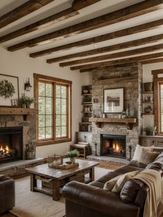 a living room filled with furniture and a fire place in the middle of a room