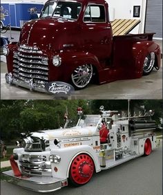 two pictures of an old fashioned firetruck with red rims and chrome wheels