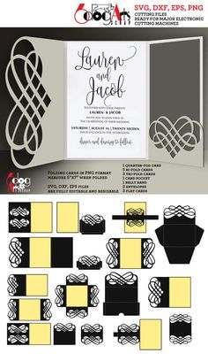 wedding stationery with black and white designs on the front, yellow and gray accents