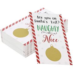 two christmas cards are stacked on top of each other, with the words santa's list