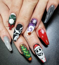 Nail Art Designs Nightmare Before Christmas, Nail Art Nightmare Before Christmas, Jack Nails Nightmare Before Christmas, Jack Skellington Nails Christmas, Jack Skellington Nails Acrylic, Scary Christmas Nails, Uñas Jack Skellington