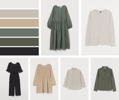 four different colors of clothing and clothes with the same color scheme in each section, including green