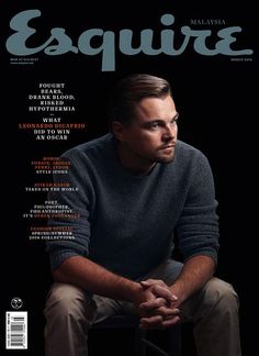 a man sitting on top of a chair in front of a black background with the words esquire written across it