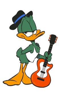 a cartoon duck with a guitar and hat