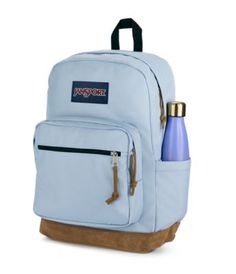 a blue backpack with two bottles in front of it and the words jansport written on the back