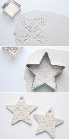 three white stars are being made out of cookie tins and then placed on top of each other