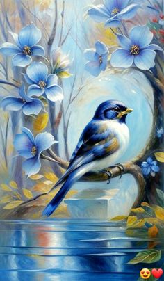 a painting of a blue bird perched on a tree branch with flowers in the background