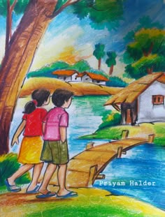 a drawing of two children looking out at the water