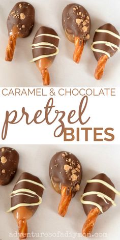 caramel pretzel bites on a white plate with chocolate drizzled