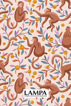 an animal pattern with monkeys and leaves