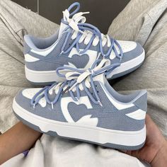 Experience the perfect fusion of style and comfort with our Light Blue Heart Patchwork Soft Girl Aesthetic Women's Sneakers. These sneakers go beyond footwear; they're a statement of your unique fashion sense. Adorned with charming heart patchwork in soothing light blue, they embrace the soft girl aesthetic with flair. Free shipping in the US and worldwide. US EU (CM) (inches)  4 34 22.0 8.6" 5 35 22.5 8.8" 6 36 23.0 9.0" 6.5 37 23.5 9.25" 7 38 24.0 9.5" 8 39 24.5 9.6" 9 40 25.0 9.8" 9.5 41 25.5 10" 10 42 26.0 10.3" 10.5 43 26.5 10.4" 11 44 27 10.6" Step out in style with the eye-catching heart patchwork design Crafted from soft and luxurious suede material for a premium feel Designed for both hip-hop streetstyle and baddie outfitters Experience the perfect blend of fashion and comfort Emb Designer Sneakers Women, Plateau Sneaker, Y2k Shoes, Dr Shoes, Smink Inspiration, Kawaii Shoes, Couple Shoes, Cute Nike Shoes, Swag Shoes