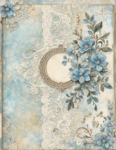 a painting with blue flowers on it and a crescent in the middle, surrounded by white lace