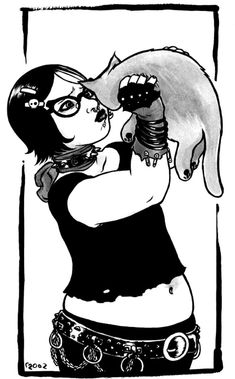 a black and white drawing of a woman with a cat on her shoulder