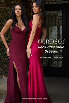 two beautiful women standing next to each other in front of a building with the caption windsor red bridesmaid dresses