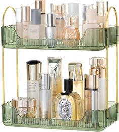 two glass shelves filled with different types of cosmetics