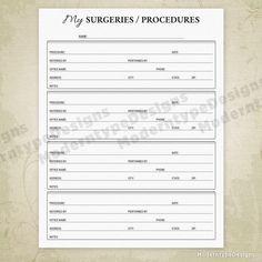 a printable medical procedure form with the words my surges / procedure on it