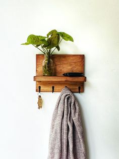 a wooden shelf holding a potted plant next to a coat rack with keys on it