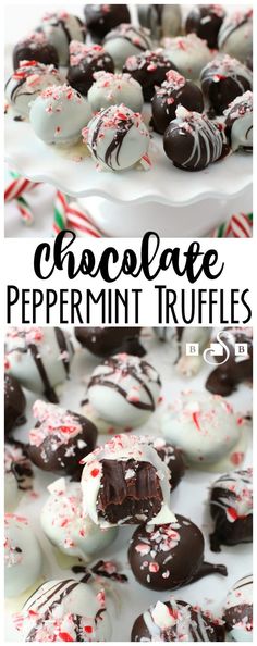 chocolate peppermint truffles on a white platter with candy canes