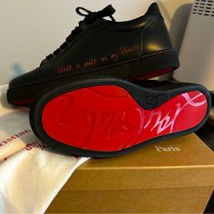 Nwt And Dust Bags Christian Louboutin Viera Black Leather Sneakers Size 36 - New With Original Box And Dust Bags (One For Each Shoe), And An Extra Pair Of Black Shoelaces (In A Shoelace Dust Bag) Lubutons Heels, Luxury Tennis Shoes, Loubitin Shoes, Loubuitton Shoes, Louboutin Sneakers Women, Christian Louboutin Aesthetic, Louboutin Shoes Outfit, Louboutin Trainers, Red Bottom Sneakers