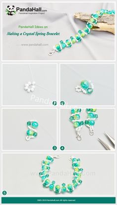 instructions for making beaded bracelets with green beads and white flowers on the clasp